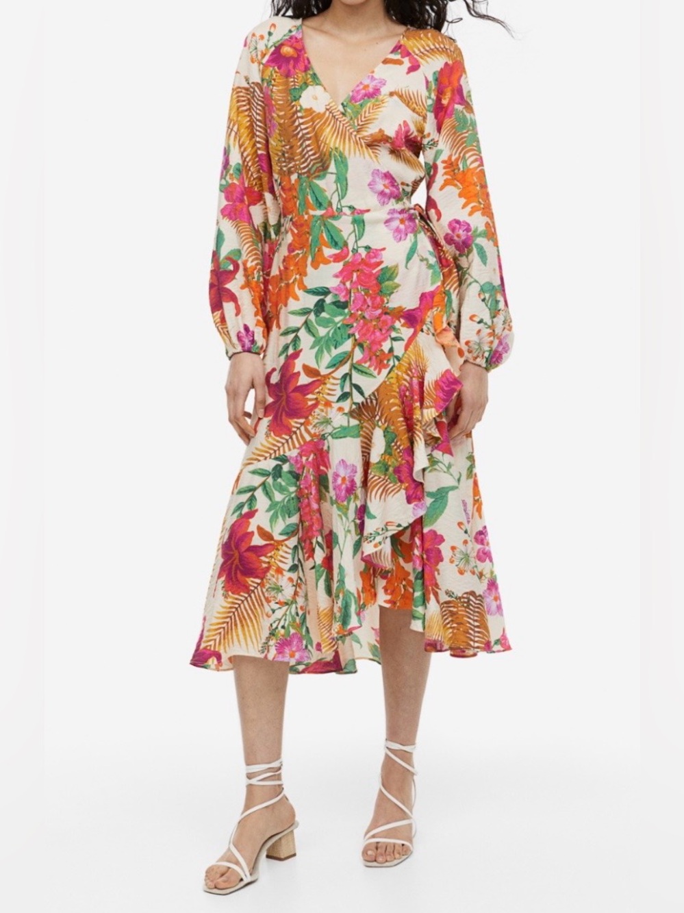H&M Floral Wrap Midi Dress in Pink, Orange & Green